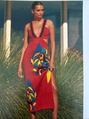 Red Midi Dress with Colorful Parrot Motif
